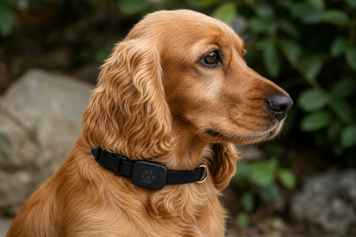Close-up of an adult English Cocker Spaniel wearing a black Tether Collar