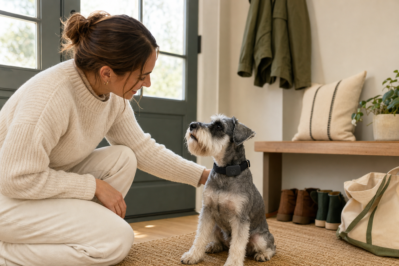 An adult Miniature Schnauzer wearing a black Tether Collar at home beside its owner