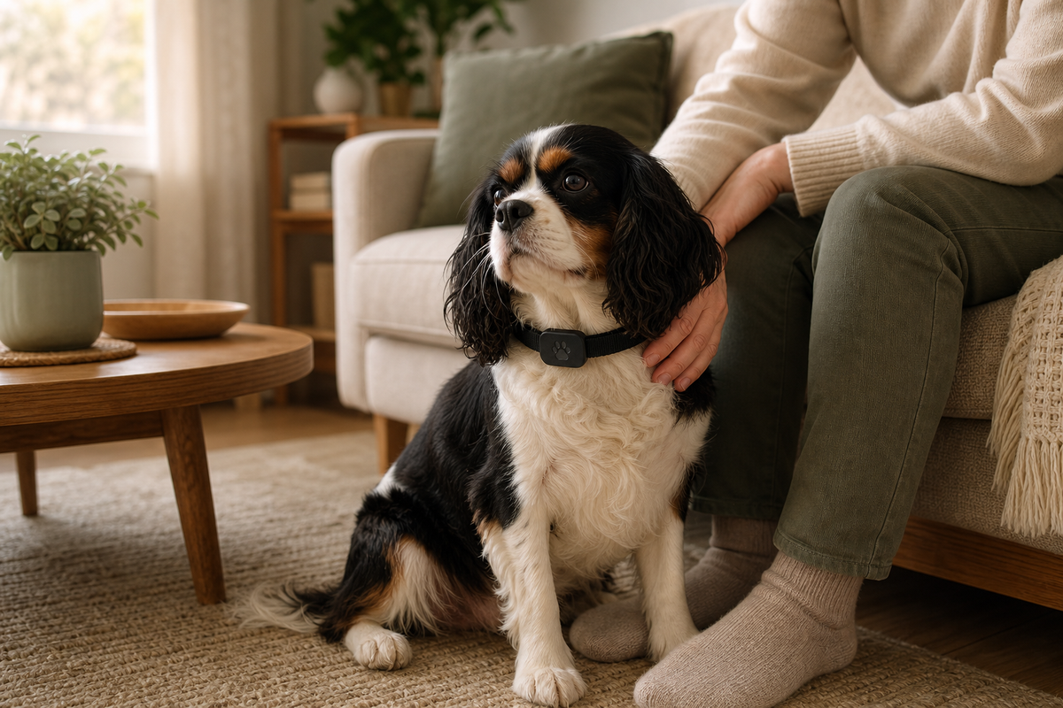 An adult Cavalier King Charles Spaniel wearing a black Tether Collar at home beside its owner