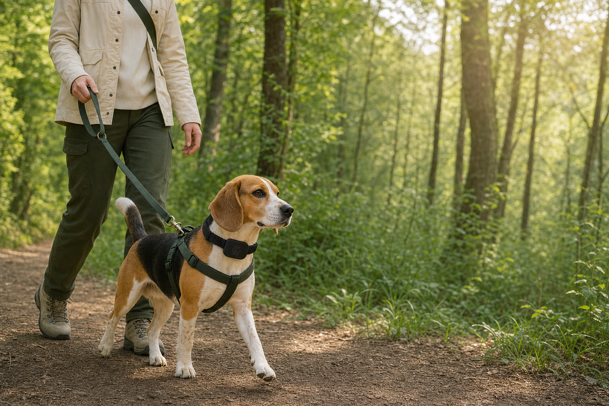 An adult Beagle wearing a black Tether Collar and separate walking harness on a wooded trail