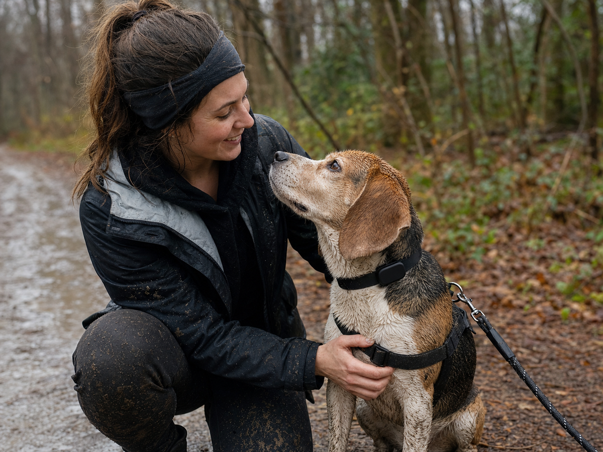 A pet owner kneeling beside a muddy dog on a wooded trail after rain