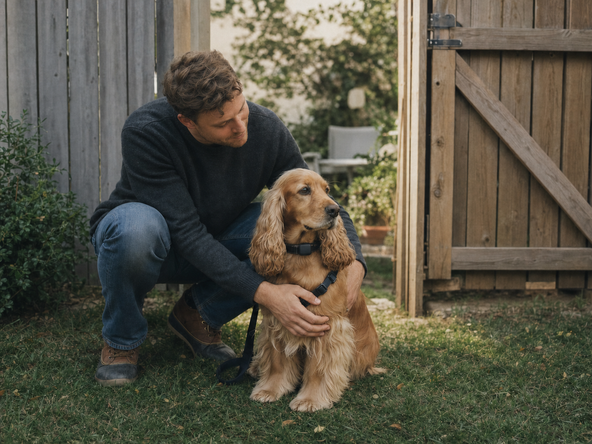 A pet owner crouching beside a dog near an open garden gate